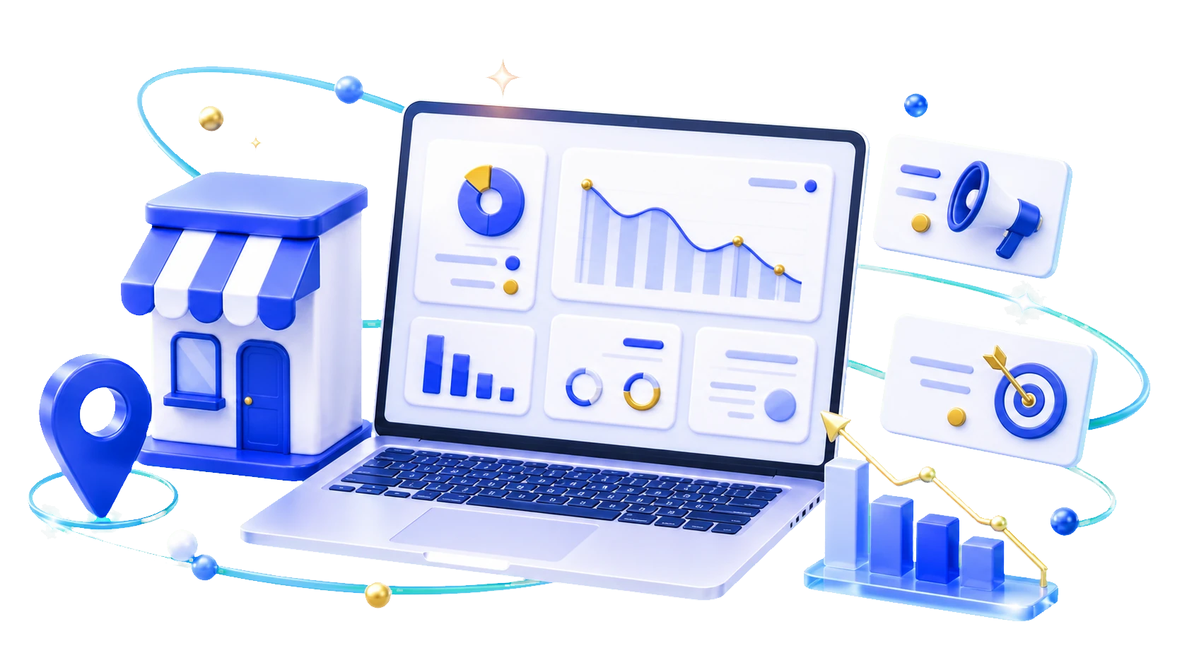 Illustrated marketing dashboard and local storefront