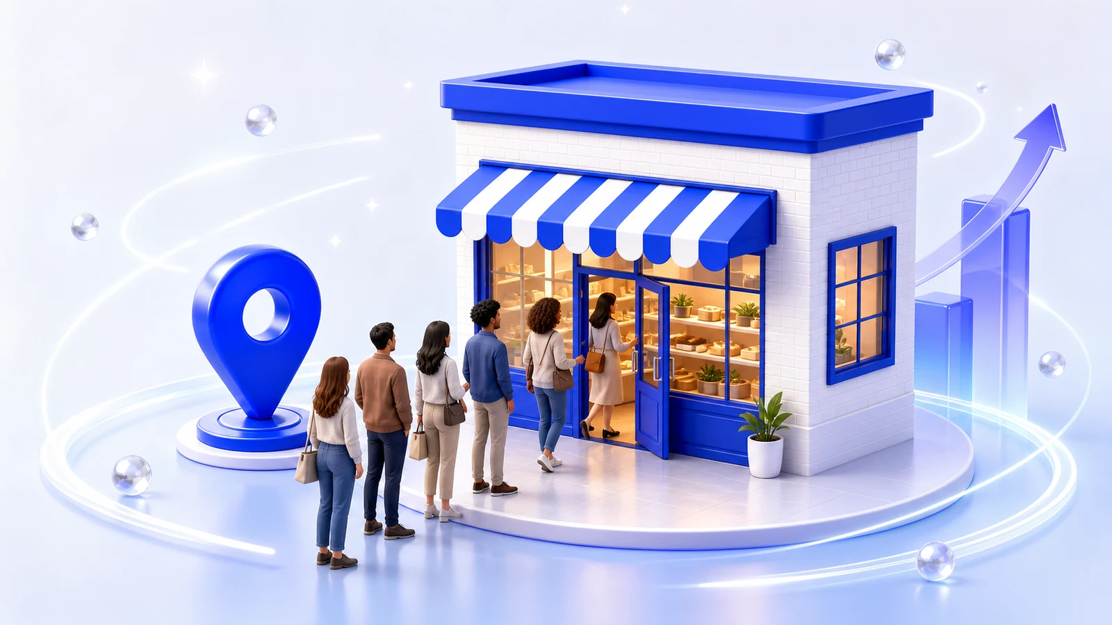 A thriving local business with customers lined up at the storefront