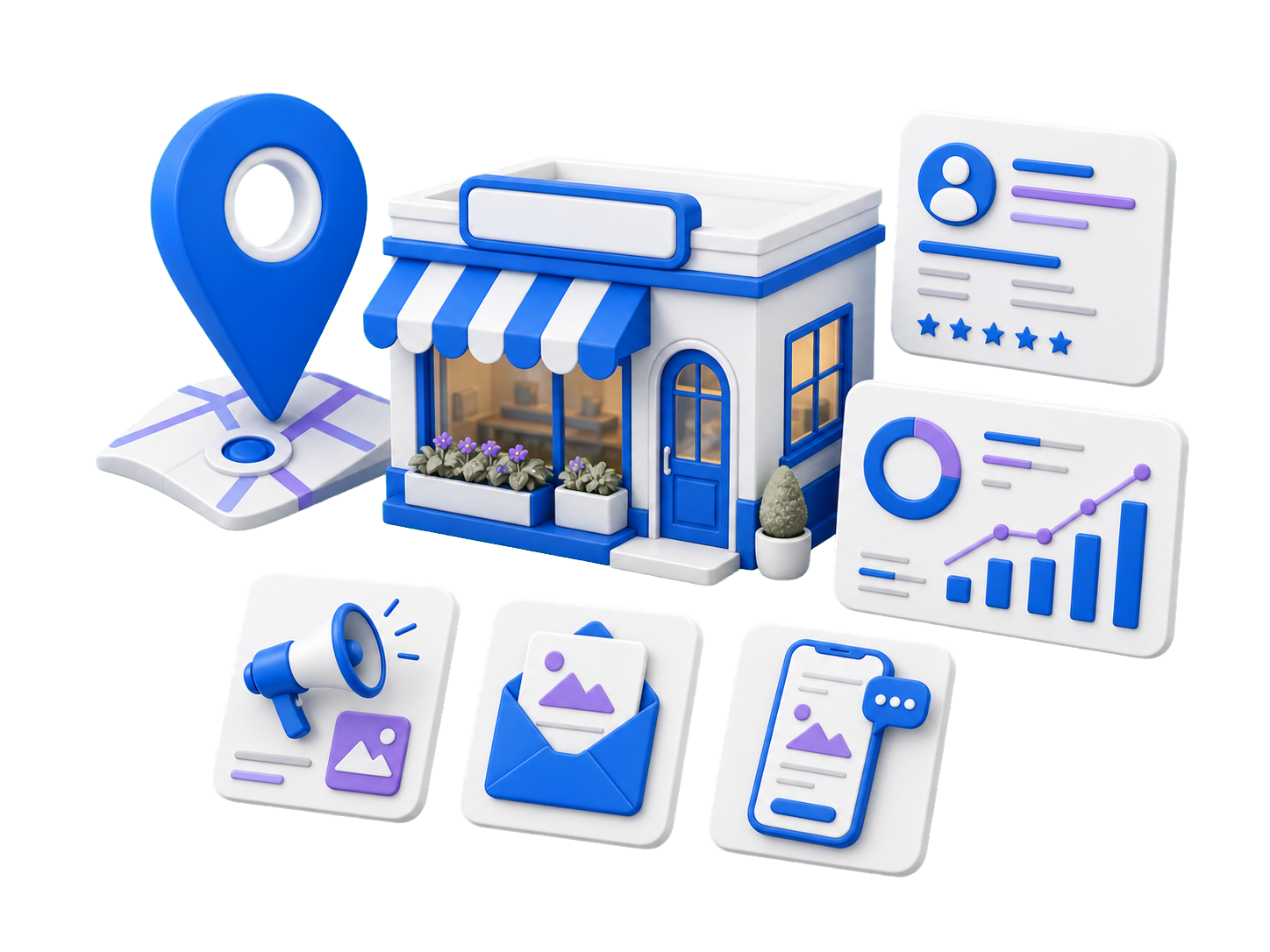 Local storefront surrounded by a location pin, business profile, analytics, and ready-to-use marketing materials