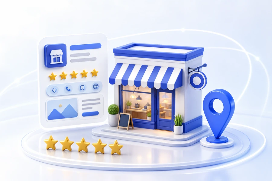 3D local storefront with a business profile panel, map pin, and review stars