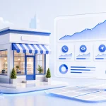 3D local storefront with an analytics dashboard and upward visibility chart