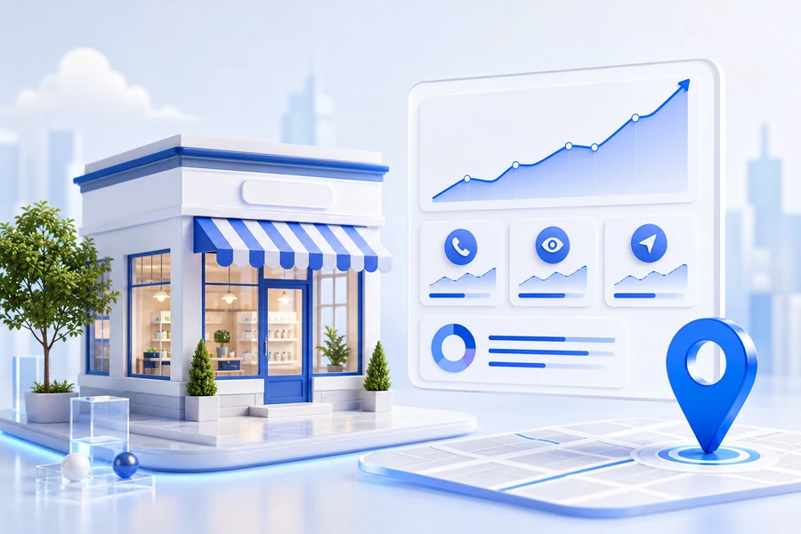 3D local storefront with an analytics dashboard and upward visibility chart