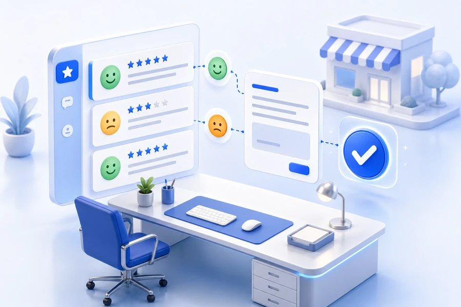3D review inbox panels with sentiment icons and a reply workflow