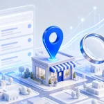 3D neighborhood map, local storefront, map pin, and magnifying glass