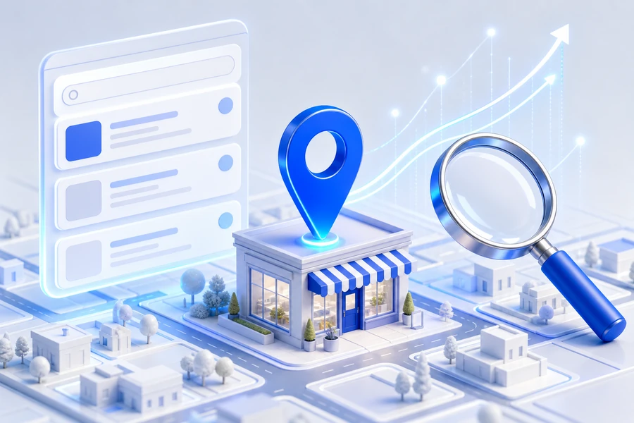 3D neighborhood map, local storefront, map pin, and magnifying glass