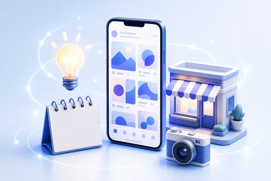 3D phone with social content tiles, idea lightbulb, calendar, camera, and storefront