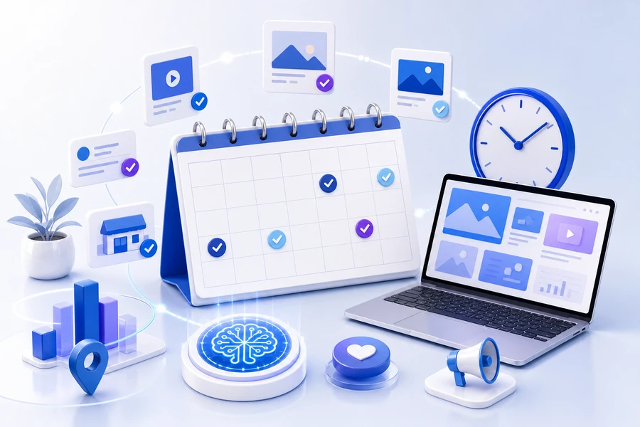 3D social media planning calendar, content cards, checkmarks, clock, and laptop