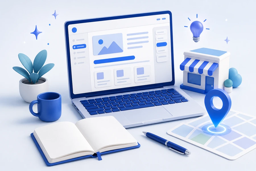 3D laptop with a blog editor, notebook, local storefront, map pin, and idea sparkles