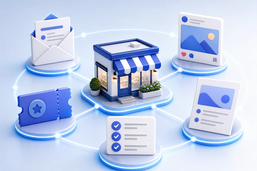 3D local storefront connected to email, social, offer, flyer, and campaign checklist